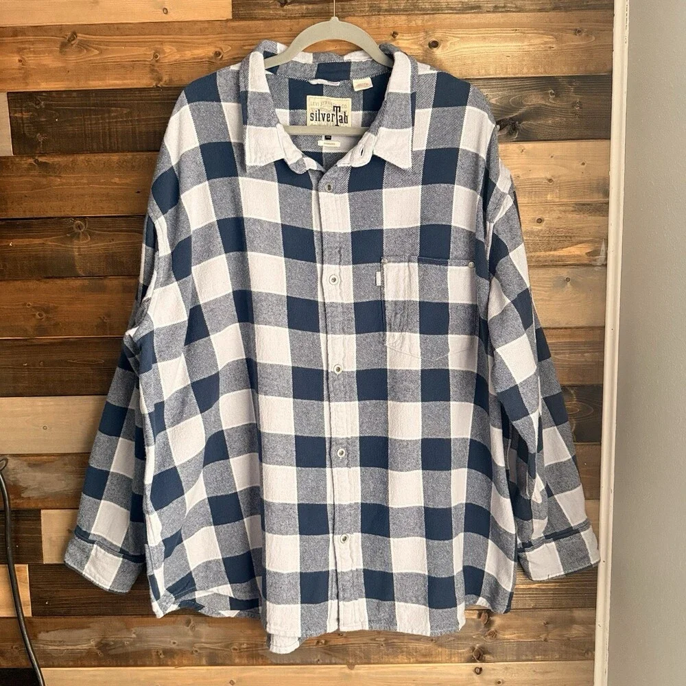 Levi’s SilverTab Men’s XXL 100% Cotton Flannel Shirt Blue White Buffalo Plaid